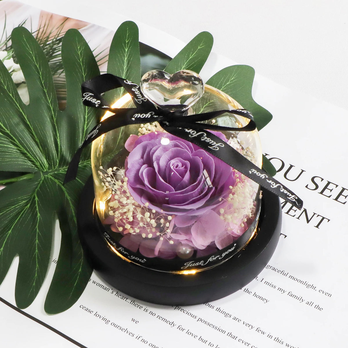 Purple Soap Rose in Glass Dome Artificial Flower With Light Birthday Christmas Valentines Anniversary Gifts for Women Wife