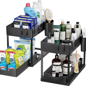 2 Floors Lower Sink Organizer Sliding Cabinet Basket Organizer Storage Shelf Hanger Hanging Cup Bathroom Kitchen Organizer