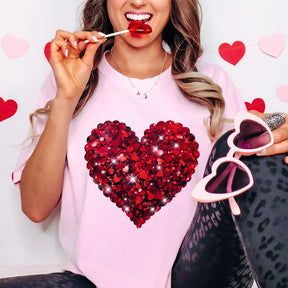 Y2k Graphic Tee Clothes Glitter Red Heart Design T-shirts for Women Fashion Women's Valentines Shirts Summer Casual Pink Tops