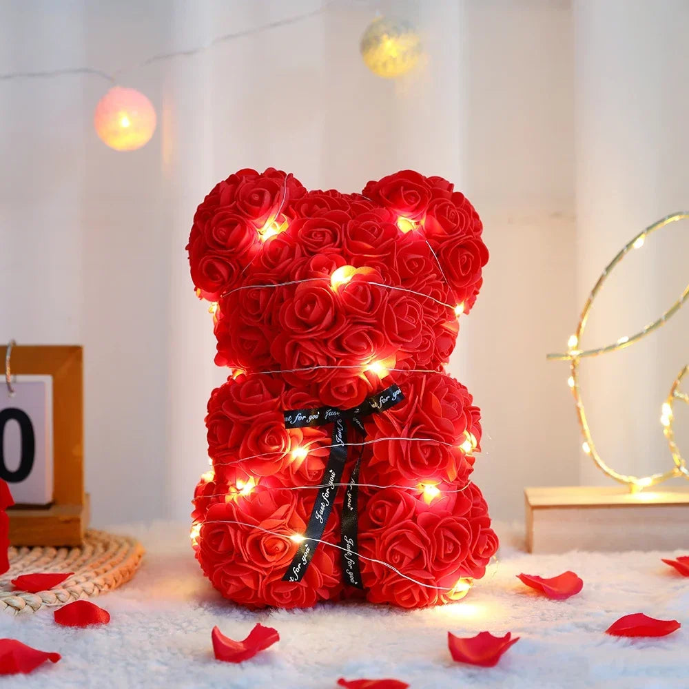 Valentines Day 25cm Artificial Teddy Rose Flower Bear with Box Romantic Gift Girlfriend Women Mother Birthday Wedding Party Deco