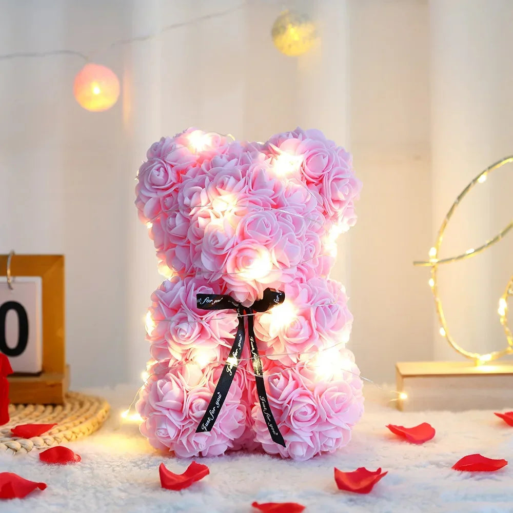 Valentines Day 25cm Artificial Teddy Rose Flower Bear with Box Romantic Gift Girlfriend Women Mother Birthday Wedding Party Deco