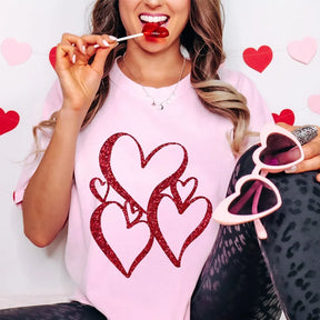 Y2k Graphic Tee Clothes Glitter Red Heart Design T-shirts for Women Fashion Women's Valentines Shirts Summer Casual Pink Tops