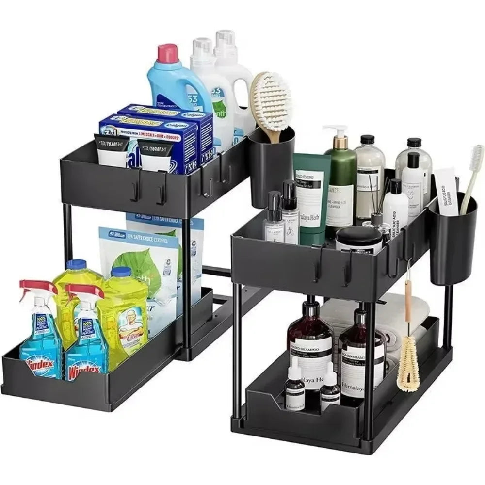 2 Floors Lower Sink Organizer Sliding Cabinet Basket Organizer Storage Shelf Hanger Hanging Cup Bathroom Kitchen Organizer