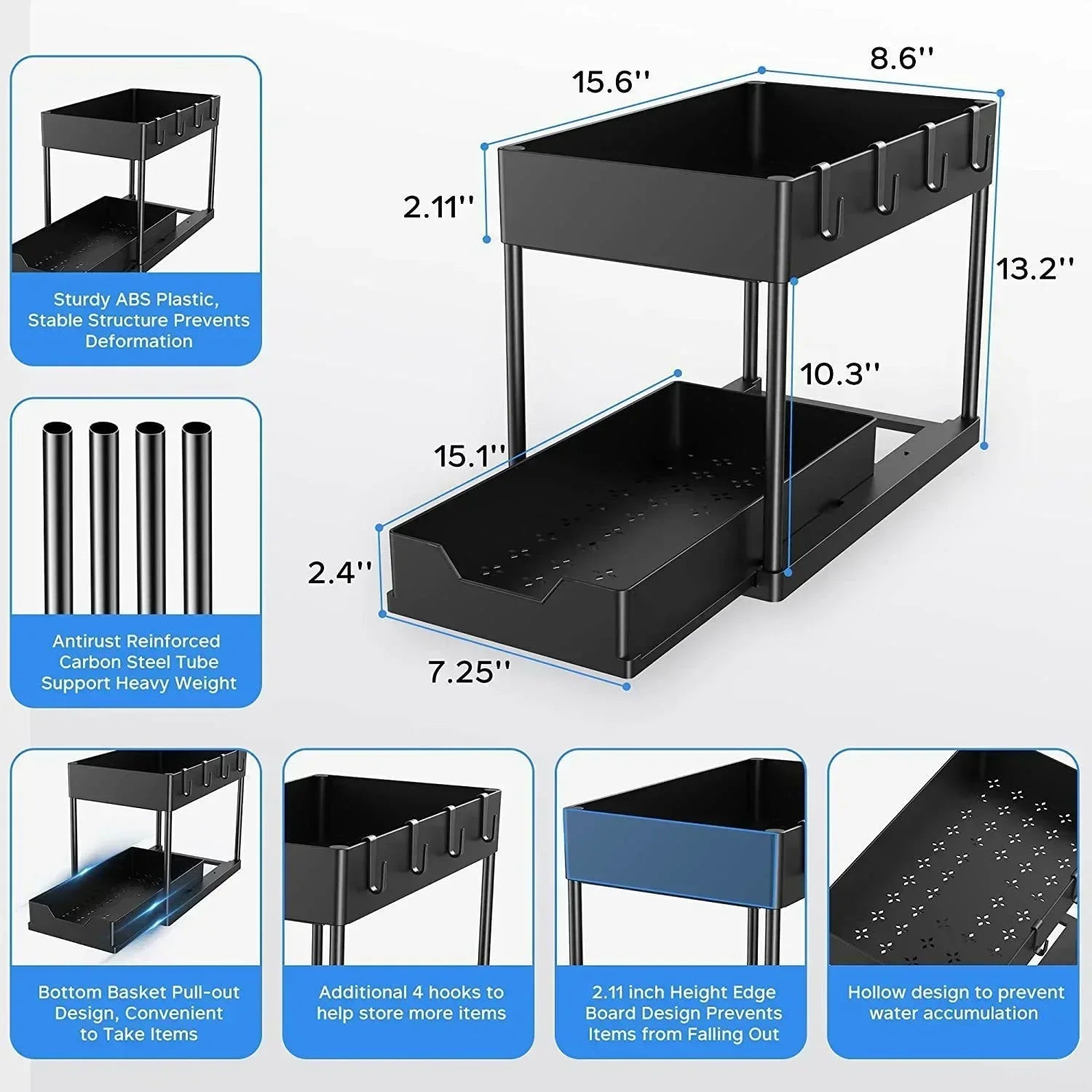 2 Floors Lower Sink Organizer Sliding Cabinet Basket Organizer Storage Shelf Hanger Hanging Cup Bathroom Kitchen Organizer