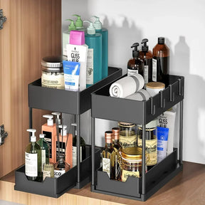 2 Floors Lower Sink Organizer Sliding Cabinet Basket Organizer Storage Shelf Hanger Hanging Cup Bathroom Kitchen Organizer