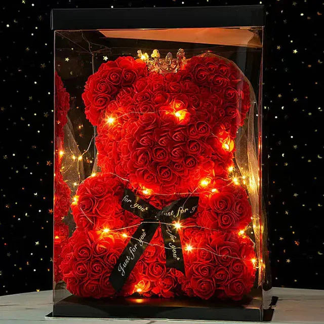 Valentines Day 25cm Artificial Teddy Rose Flower Bear with Box Romantic Gift Girlfriend Women Mother Birthday Wedding Party Deco