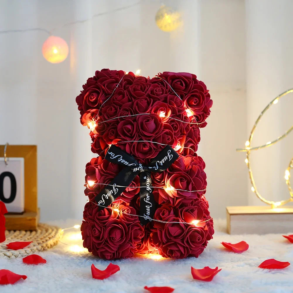 Valentines Day 25cm Artificial Teddy Rose Flower Bear with Box Romantic Gift Girlfriend Women Mother Birthday Wedding Party Deco