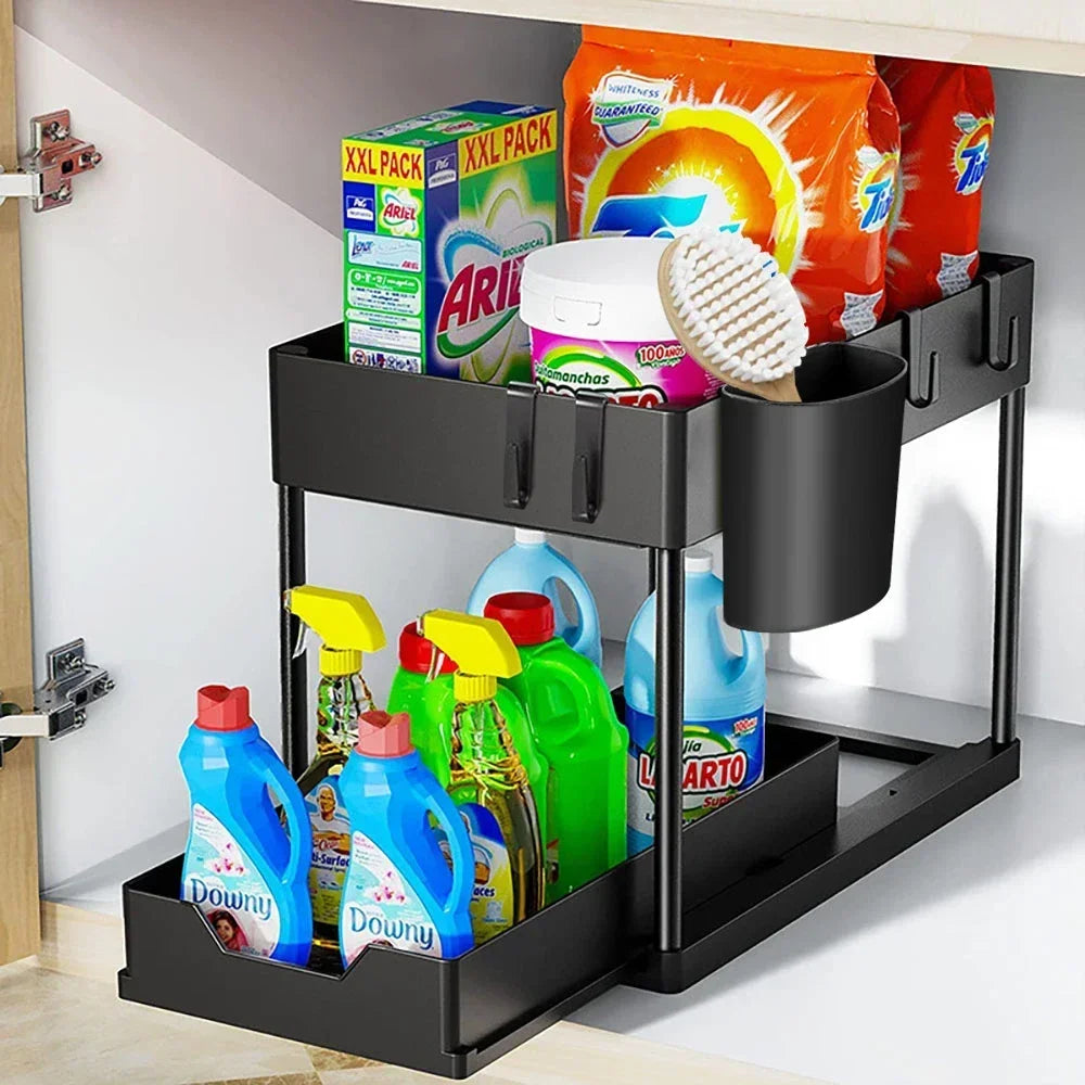 2 Floors Lower Sink Organizer Sliding Cabinet Basket Organizer Storage Shelf Hanger Hanging Cup Bathroom Kitchen Organizer