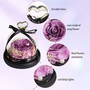 Purple Soap Rose in Glass Dome Artificial Flower With Light Birthday Christmas Valentines Anniversary Gifts for Women Wife