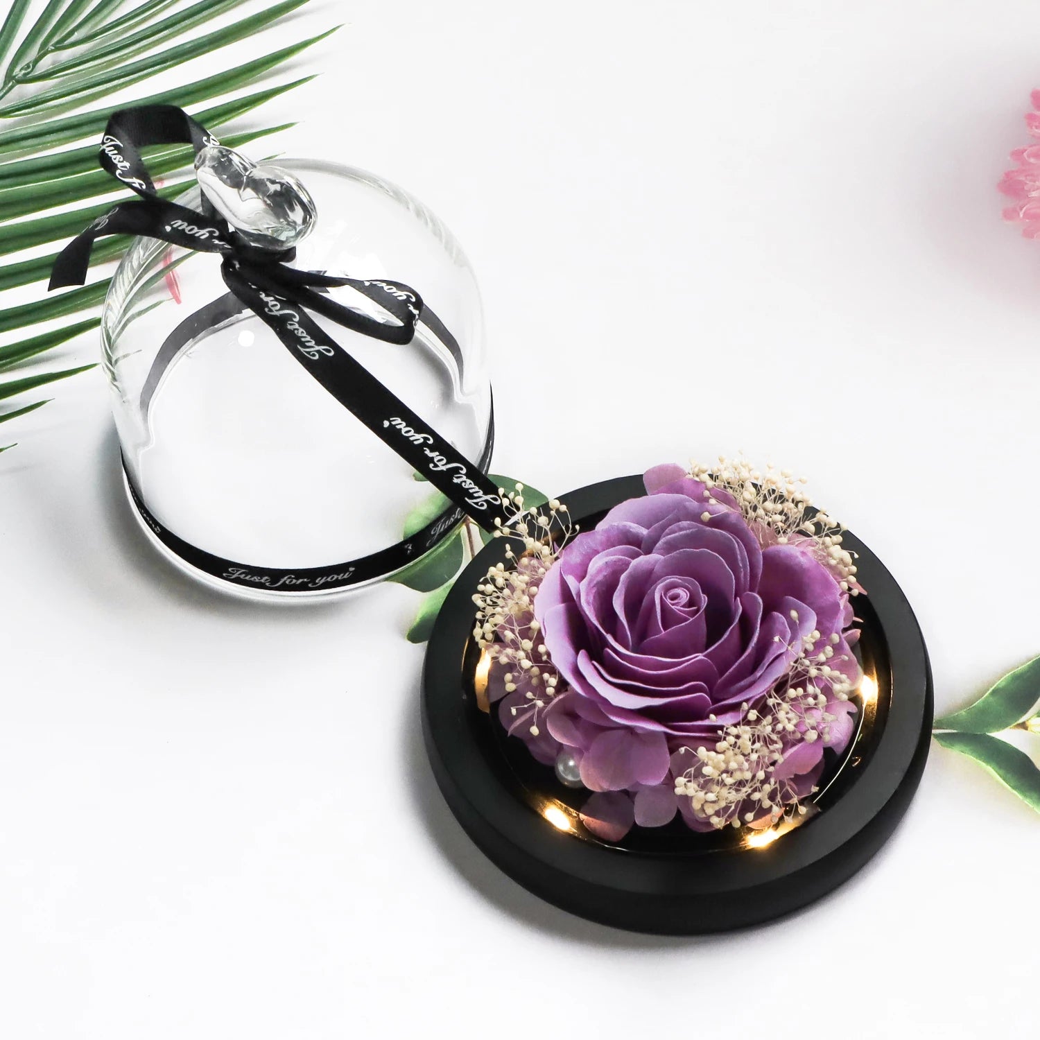 Purple Soap Rose in Glass Dome Artificial Flower With Light Birthday Christmas Valentines Anniversary Gifts for Women Wife