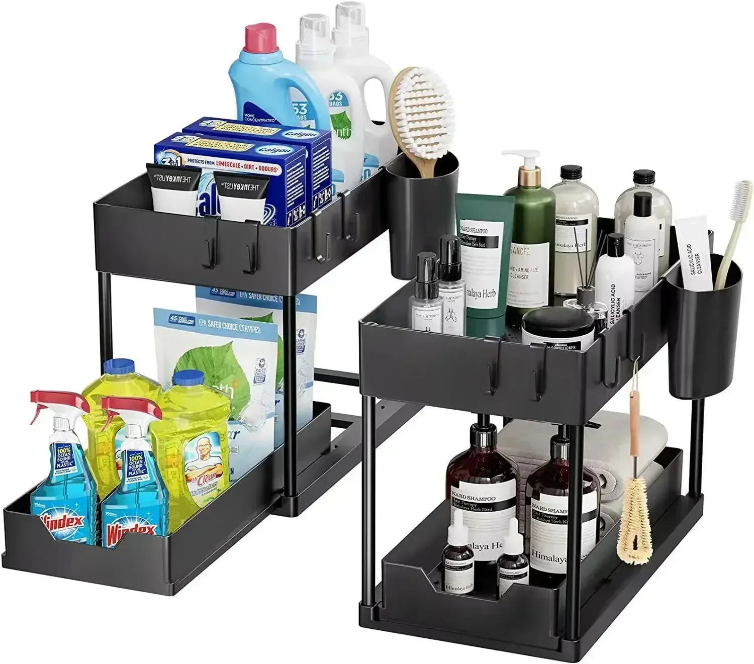 2 Floors Lower Sink Organizer Sliding Cabinet Basket Organizer Storage Shelf Hanger Hanging Cup Bathroom Kitchen Organizer