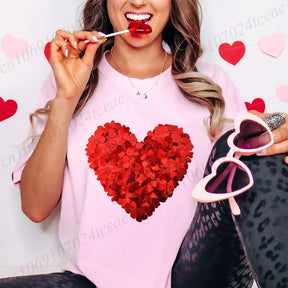 Y2k Graphic Tee Clothes Glitter Red Heart Design T-shirts for Women Fashion Women's Valentines Shirts Summer Casual Pink Tops