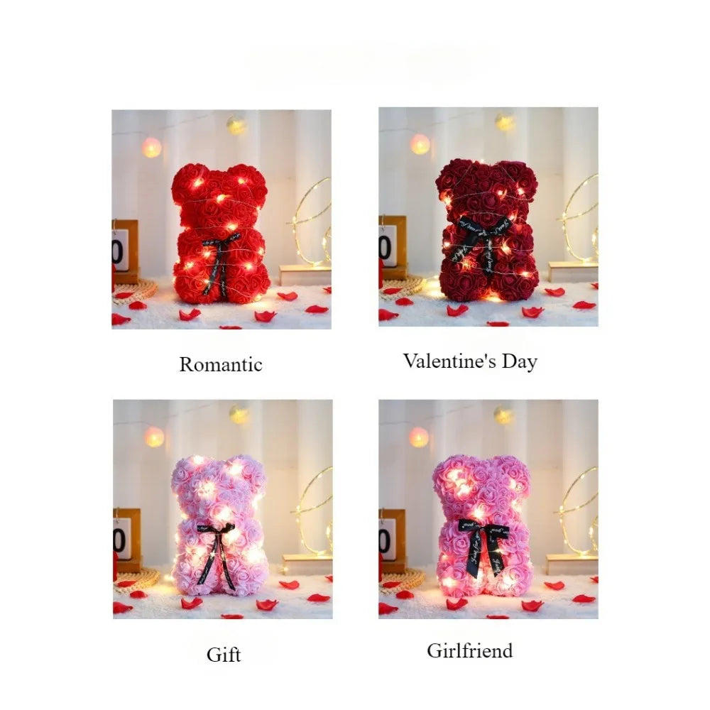 Valentines Day 25cm Artificial Teddy Rose Flower Bear with Box Romantic Gift Girlfriend Women Mother Birthday Wedding Party Deco