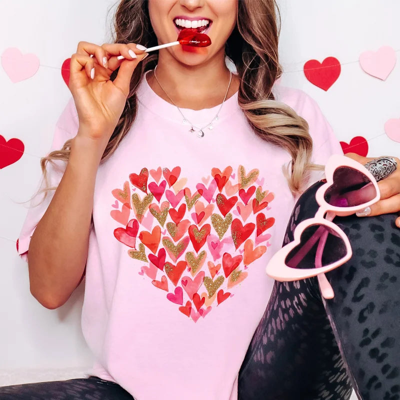 Y2k Graphic Tee Clothes Glitter Red Heart Design T-shirts for Women Fashion Women's Valentines Shirts Summer Casual Pink Tops