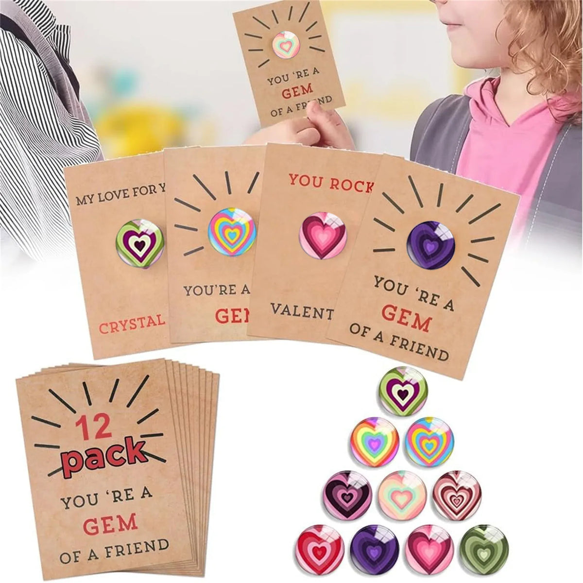 Valentines Day Gifts For Kids 12 Pack Valentines Cards With Heart-Shape Crystals Valentine Gift Exchange For Boys Girls Class