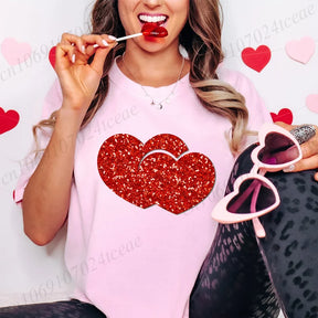 Y2k Graphic Tee Clothes Glitter Red Heart Design T-shirts for Women Fashion Women's Valentines Shirts Summer Casual Pink Tops