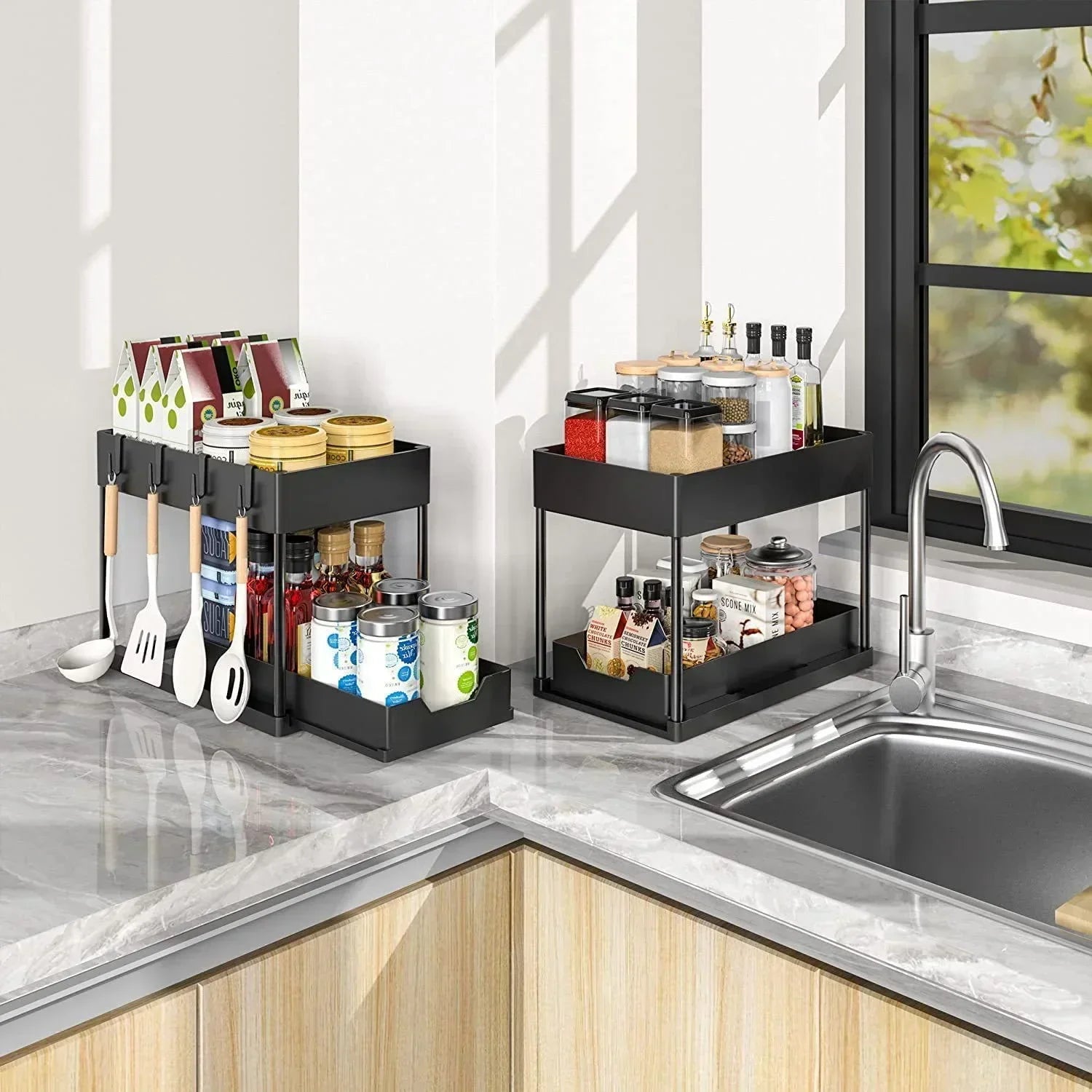 2 Floors Lower Sink Organizer Sliding Cabinet Basket Organizer Storage Shelf Hanger Hanging Cup Bathroom Kitchen Organizer